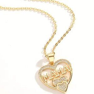 Heart Mama Necklace Rhinestones Simple Minimalist Stylish Mom Mother Gift Love